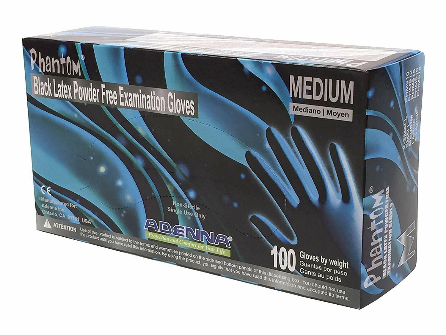 Adenna PHM915 Phantom Powder Free Exam Latex Gloves, Medium, Black Case/10