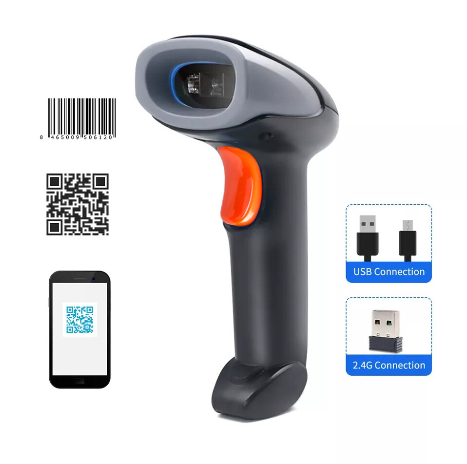 2.4G Wireless & USB Barcode Scanner 1D/2D/QR Code Scanner CMOS Handheld Cordless