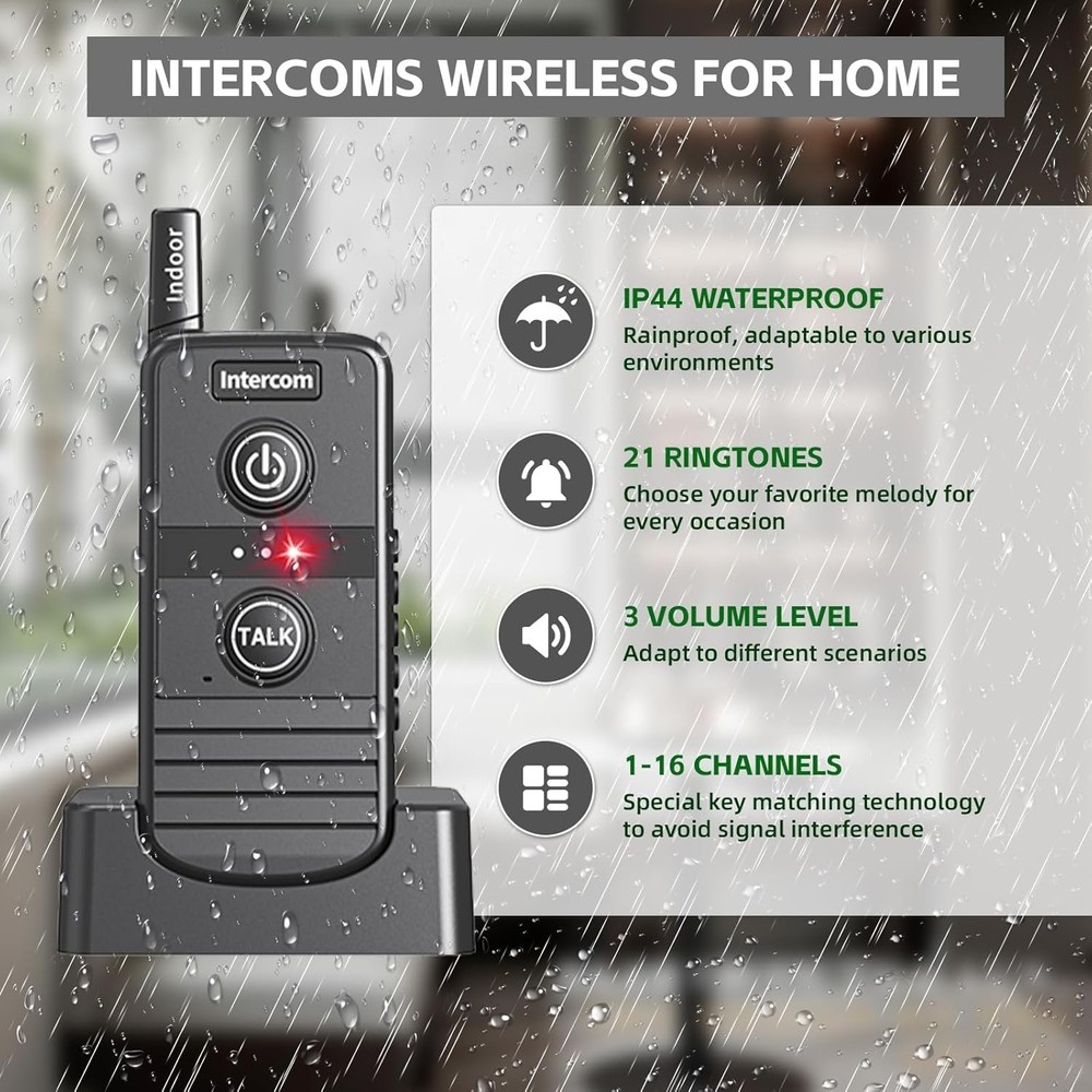 Wireless Home Intercom System 2 Pack Long Range 4900ft Waterproof Office House