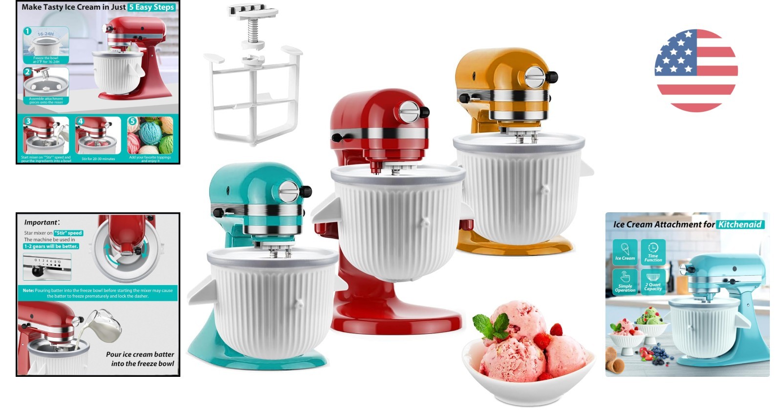 Ice Cream Maker Attachment for KitchenAid Stand Mixer, Ice Cream Bowl Compati...