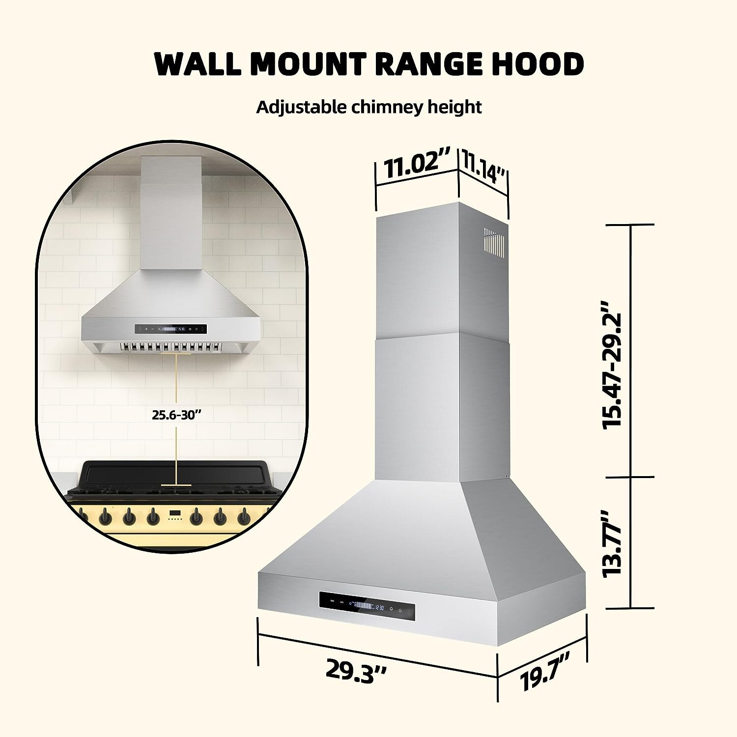 30inch Wall Mount Kitchen Range Hood Stainless Steel 900CFM 9Speed Touch Control