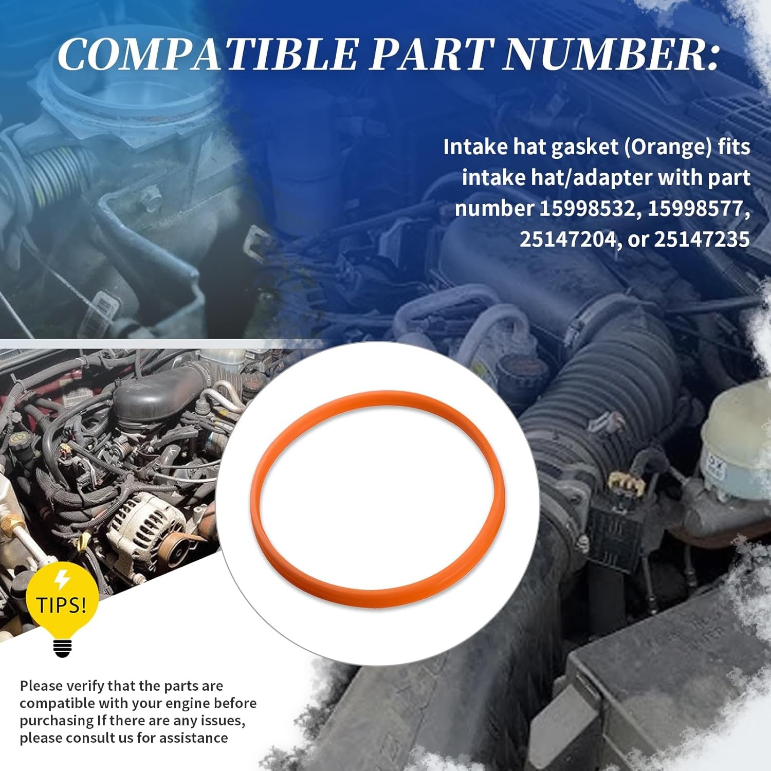 Intake Hat Gasket (Orange)Fits GM 5.7,5.0,&4.3,305 Engine S-10/S-15 4.3 15998532