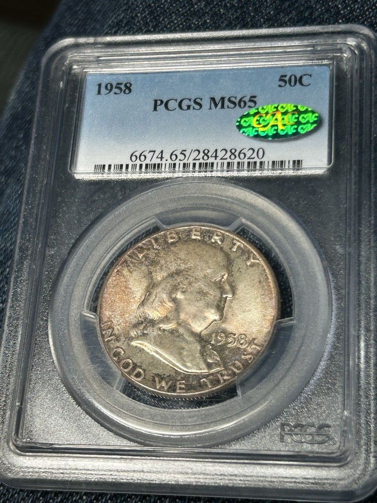 1958  FRANKLIN HALF DOLLAR PCGS CAC MS65 Tones