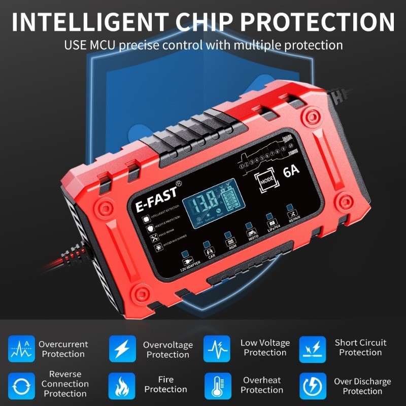 12V 6A Smart Battery Charger w/ Adapter Mode for AGM LiFePO4, Cars,Boat,Truck