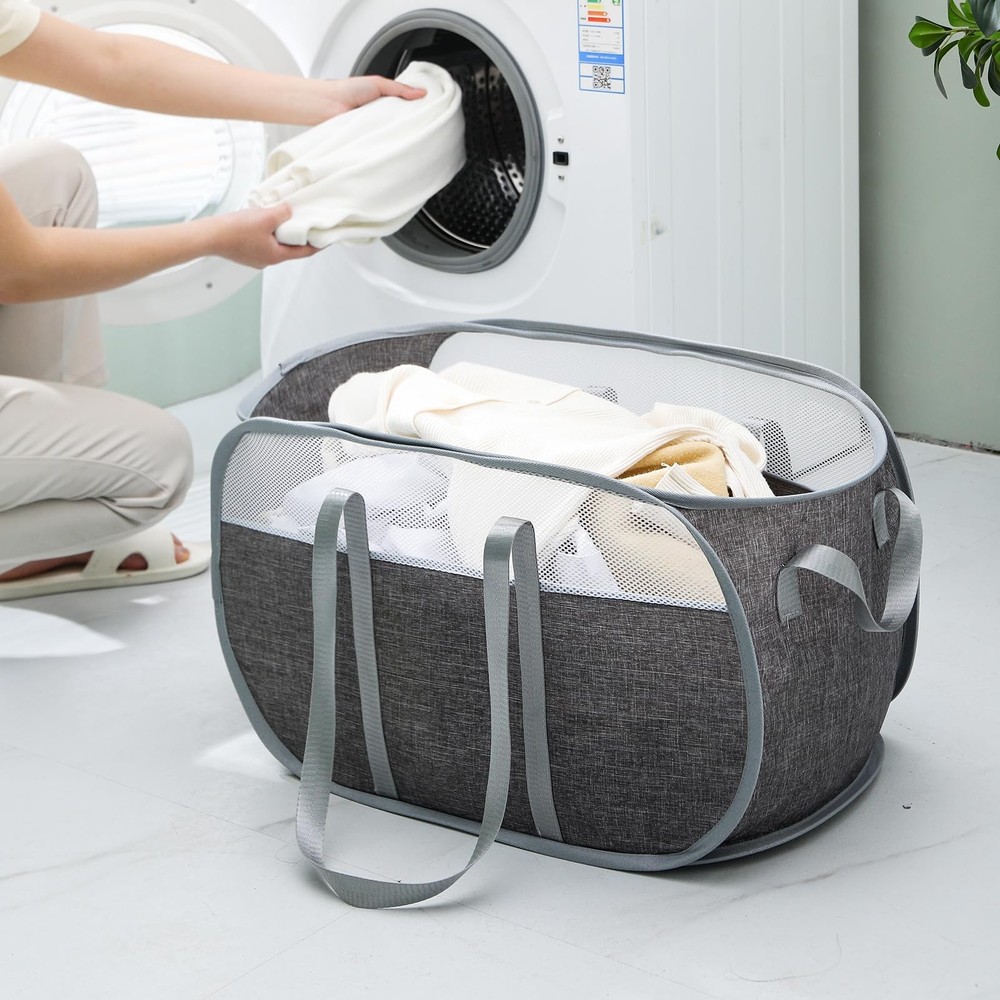 Pop-Up Laundry Basket，collapsible Mesh Laundry Hamper– With Extended Shoulder...