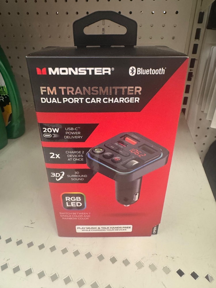 Monster Bluetooth FM Transmitter Car Charger 20W USB-C Dual Port RGB LED...