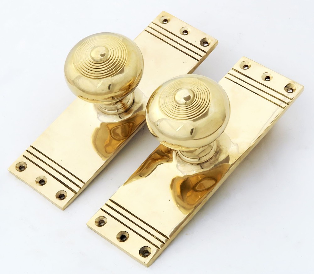 Pair Solid Brass Regency Mortise Door Knobs on Back Plate - antique style handle
