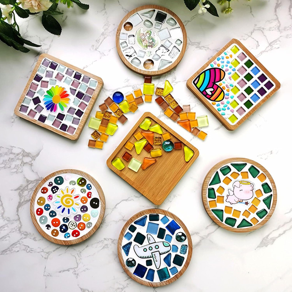 4PCS Mosaic Bamboo Coasters for Crafts, Blank Base Trays, Drinking Cup Coaster,