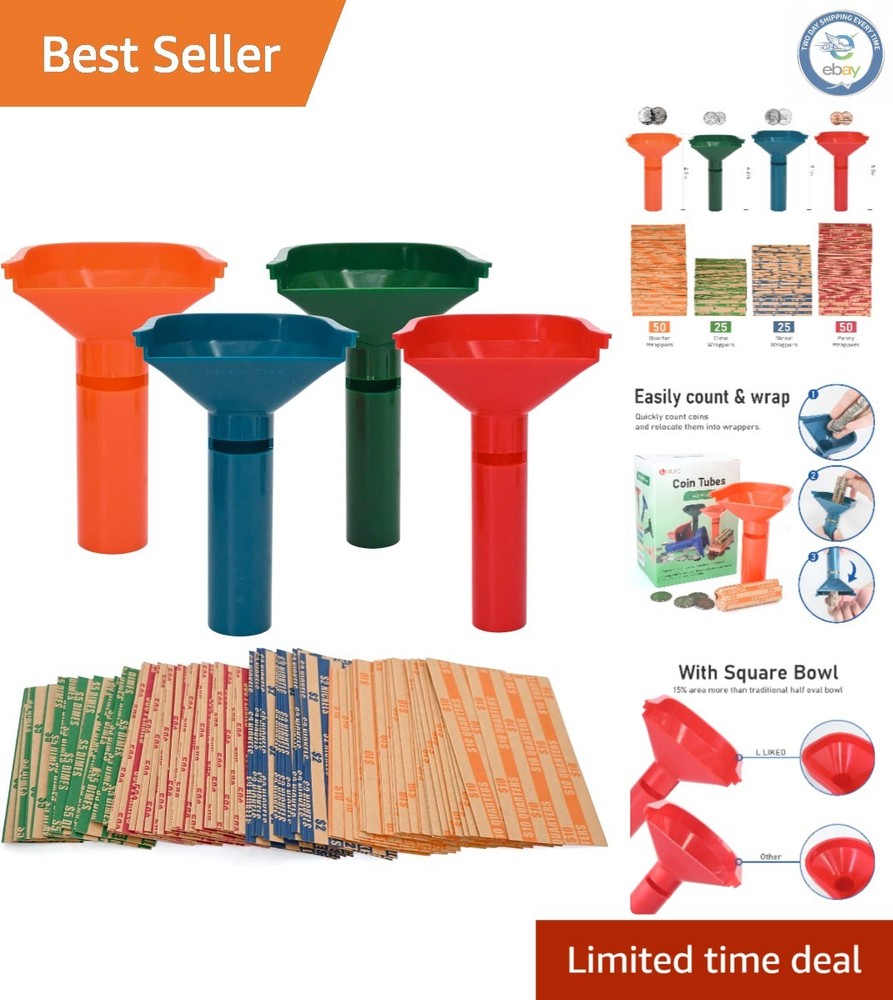 150 Assorted Color-Coded Coin Wrappers & 4 Durable Sorting Tubes Set