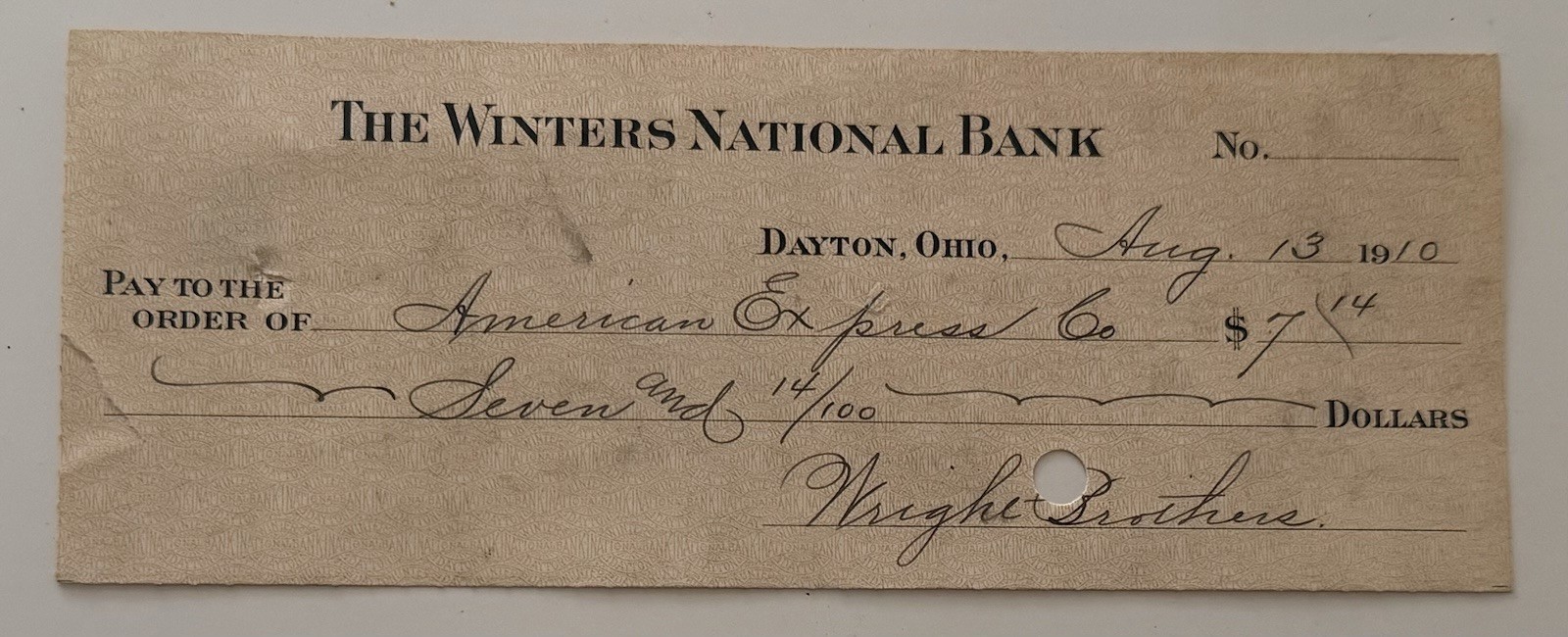 Wright Brothers 1910 Check To American Express