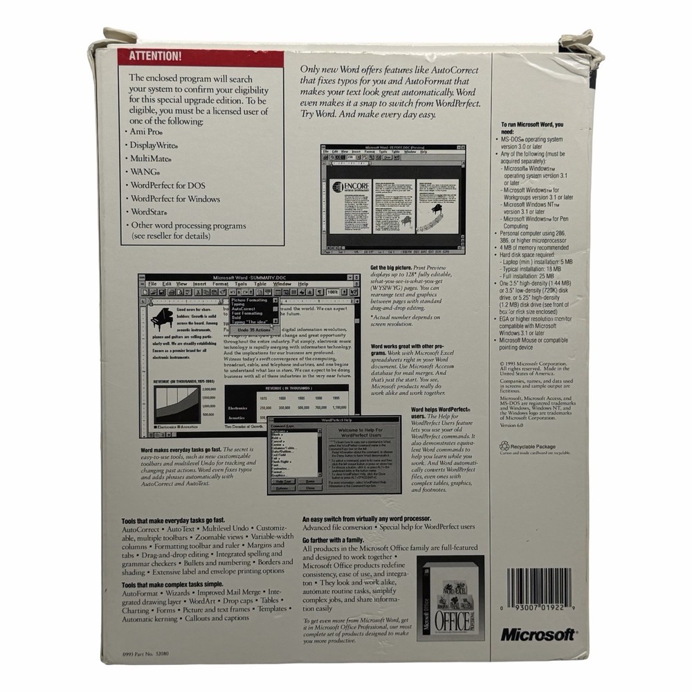 Microsoft Word Version 6.0 Special Upgrade Edition for Windows 3.5” High Density