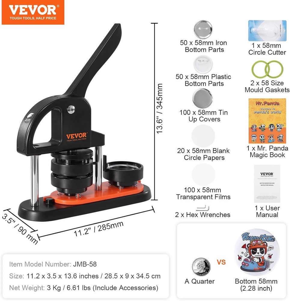 Button Maker Machine, 2.25 inch/58mm Pin Maker with 100pcs Button Parts, Butt...