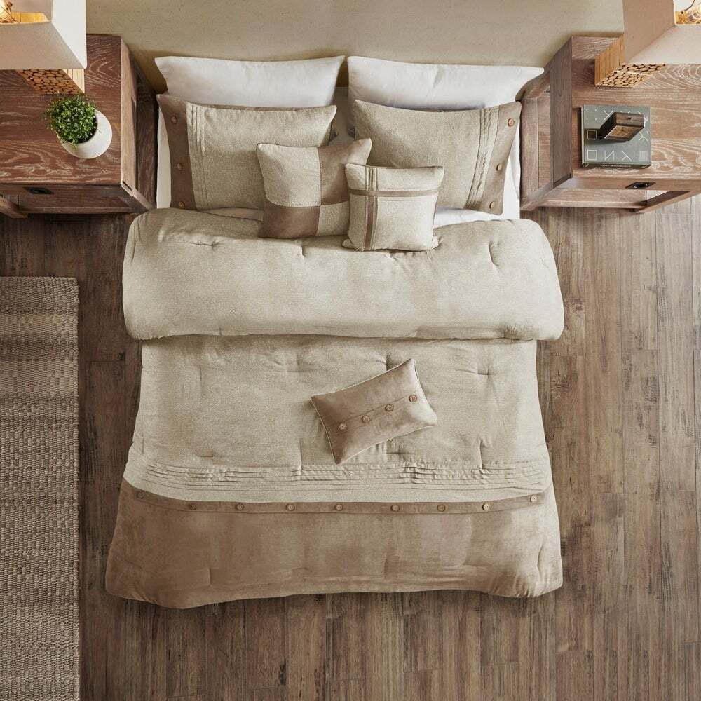 Neutral Beige Tan Microsuede Earth Tone 7pc Comforter Set Queen Cal King Bedding