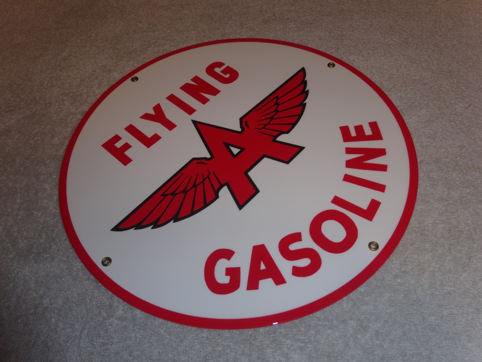 VINTAGE FLYING A GASOLINE WHITE 11 3/4" PORCELAIN METAL SERVICE STATION OIL SIGN