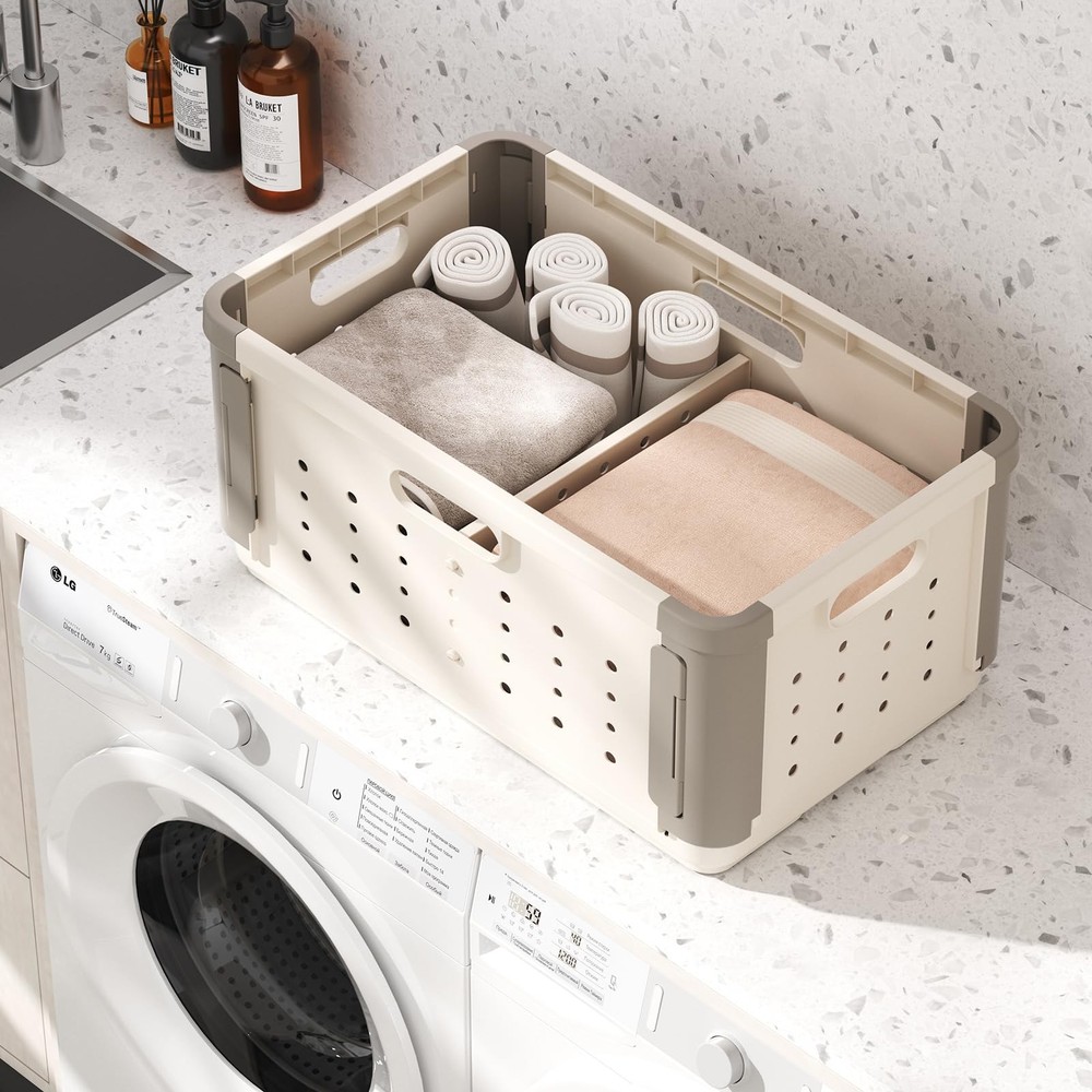 Stackable Plastic Laundry Basket on Wheel, 42L Clothes Laundry Hamper with Di...