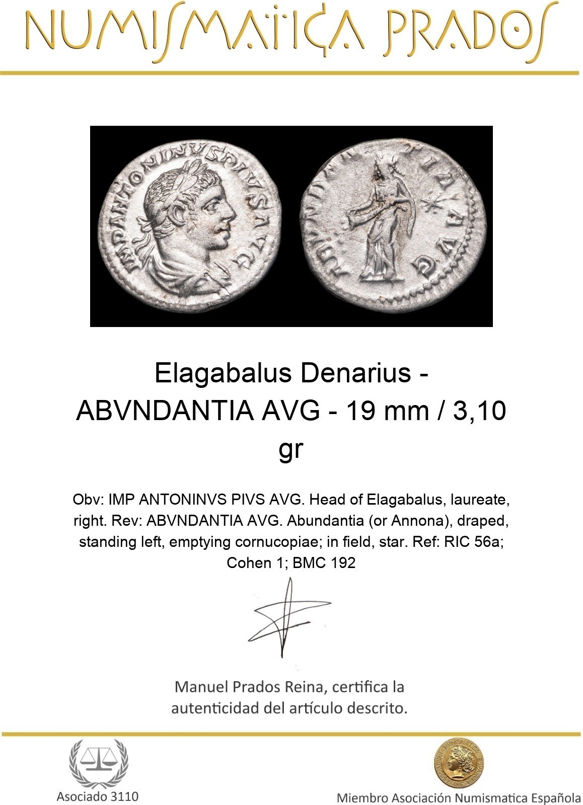 Elagabalus Denarius - ABVNDANTIA AVG - 19 mm / 3,10 gr