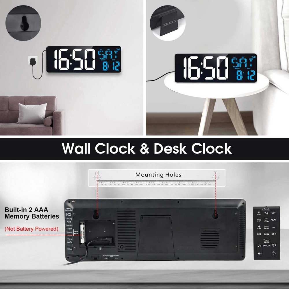 17-in Digital Wall Clock, Bluetooth Sync, Auto-Dimming, Remote, Date, Temp
