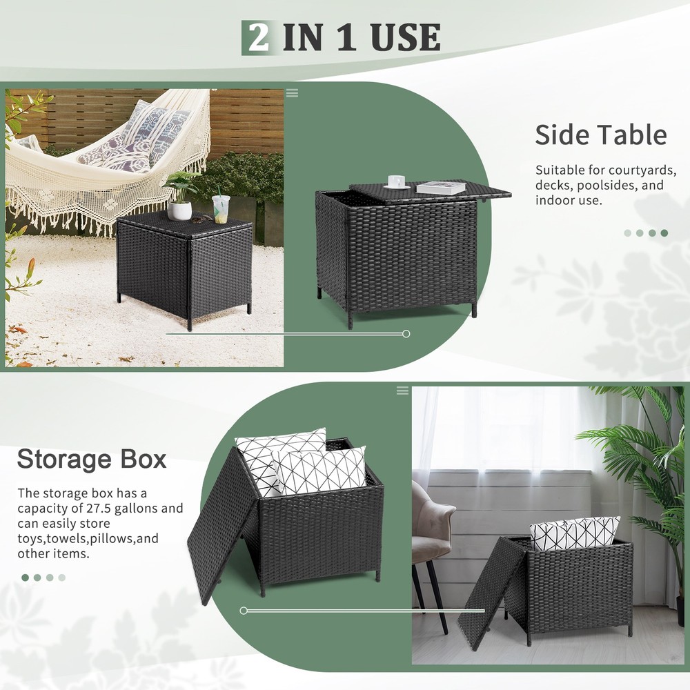 PE Wicker Side Table with Storage, Patio Rattan End Table Square Container