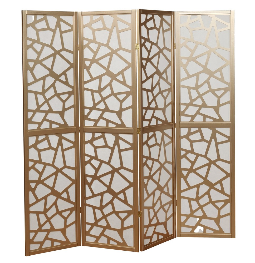 4-Panel Gold Room Divider Screen, Modern Geometric Folding Privacy Screen