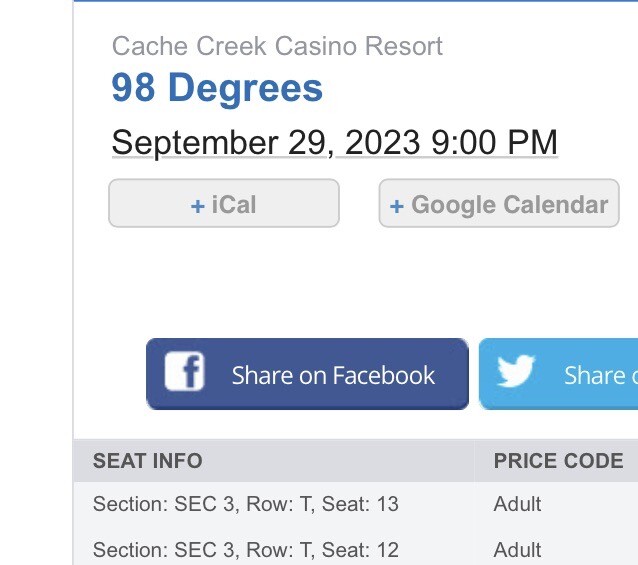 2 Tickets 98 Degrees Cashe Creek