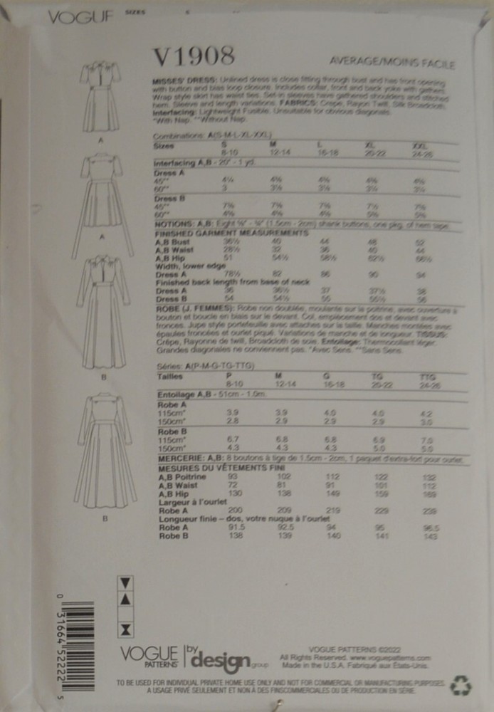 Vogue Pattern - V1908 - Misses' Dress