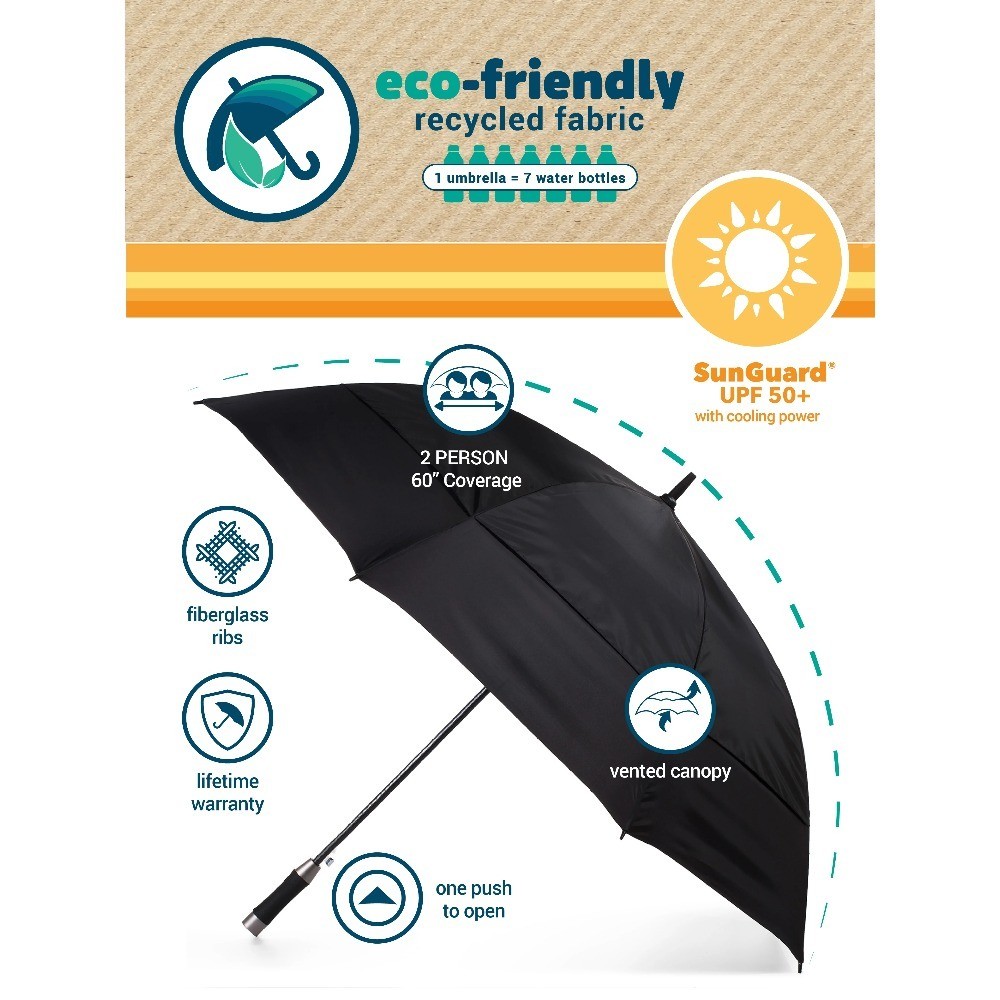 Vented Auto Open Windproof Golf Umbrella with Sun Protection Black