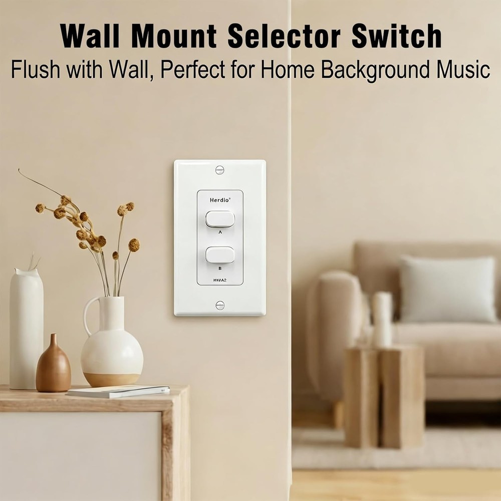 Herdio in-Wall 2 Channel Speaker Selector Switch Home Audio Speakers Controller