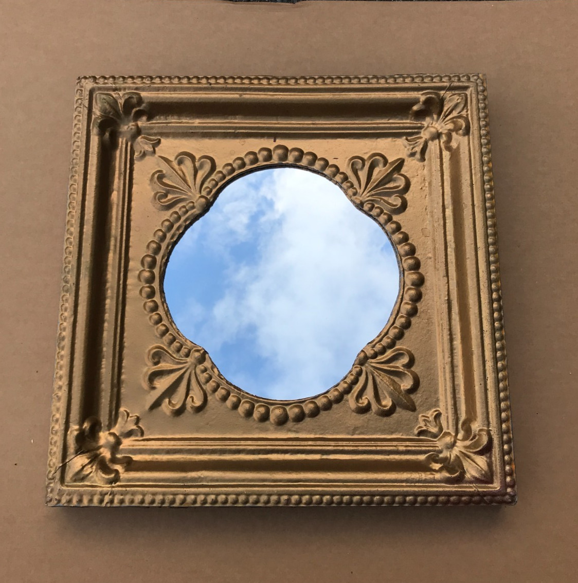 VTG Decorative Salvaged Tin Ceiling Gold 23" SQ. Thick Metal Mirror Old 1614-25B