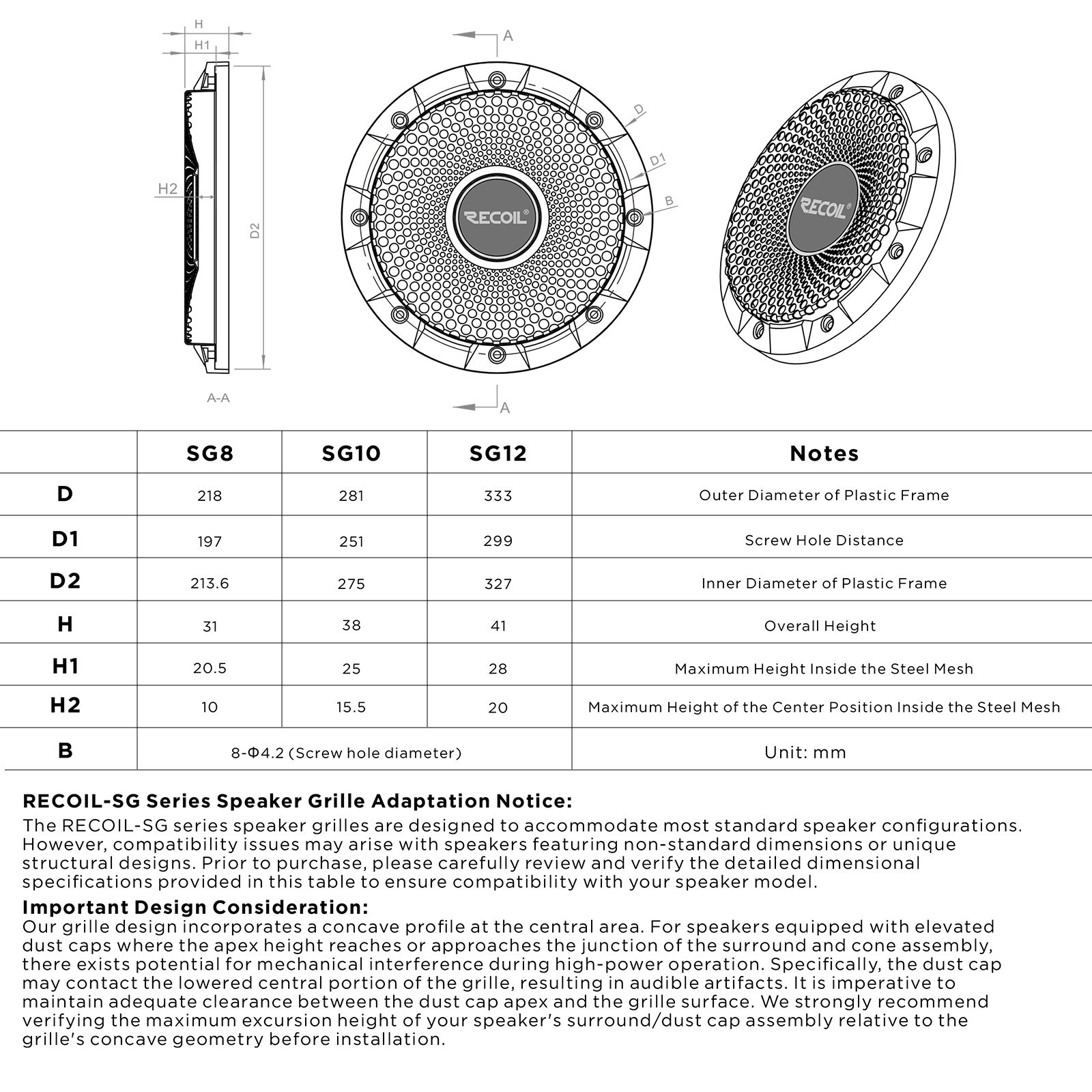 Recoil SG-8 8-Inch High Excursion Black Steel Mesh Subwoofer Grille