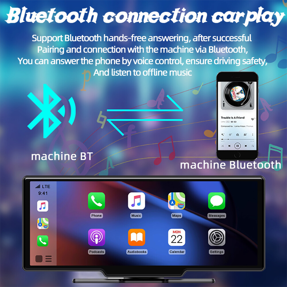 10" Portable Bluetooth Car Stereo Wireless CarPlay Android Auto Touch Screen AUX
