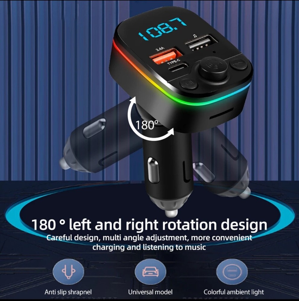 Car FM Transmitter Bluetooth 5.0 Handsfree With TypeC Dual USB 3.4A Fast Charger