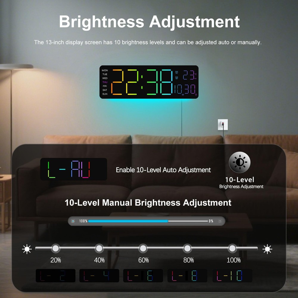 LED Digital Clock Large Display with RGB Color Remote Control, 13" Large Digi...