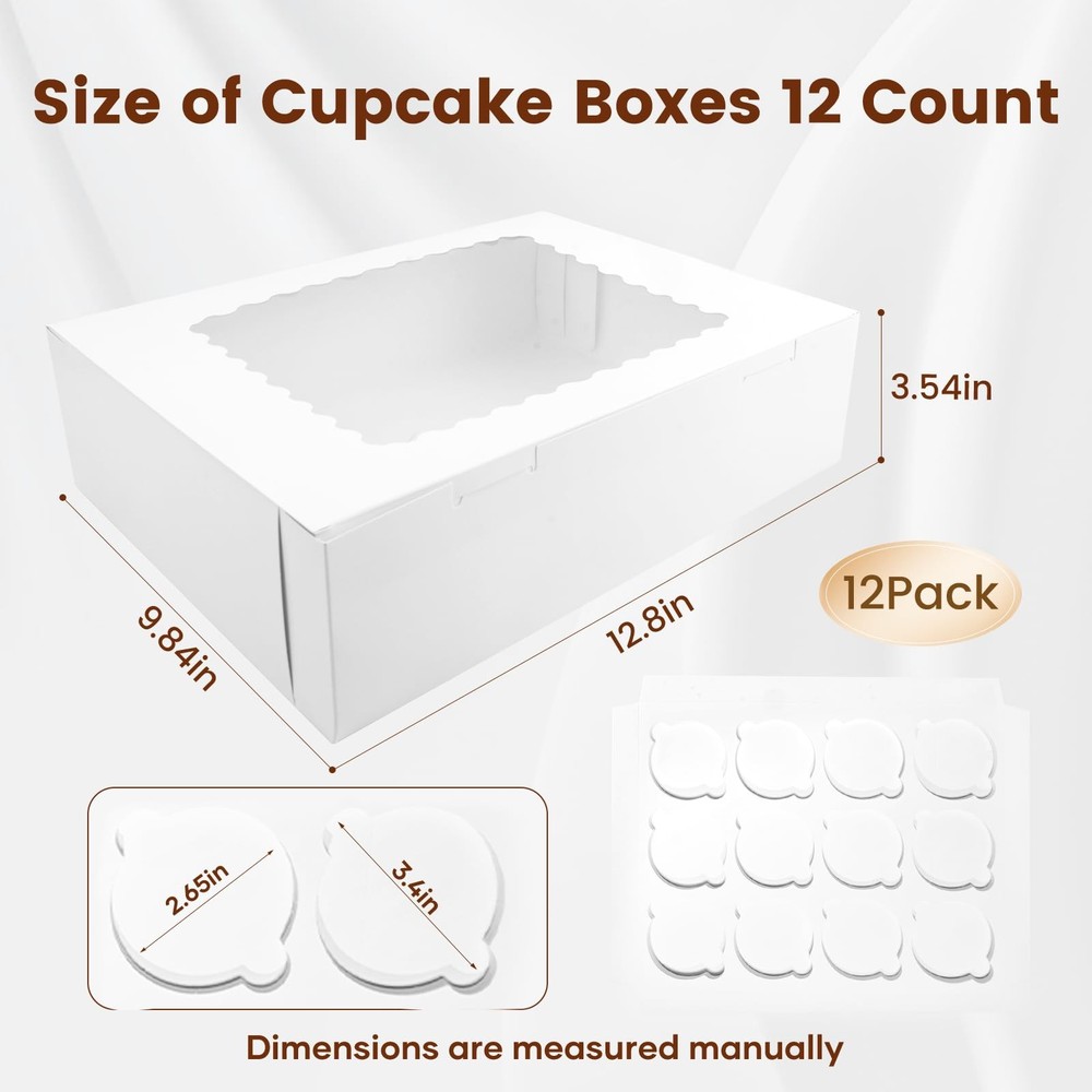 12PCS Cupcake Boxes 12 Count Cupcake Container with Window White Cupcake Hold...