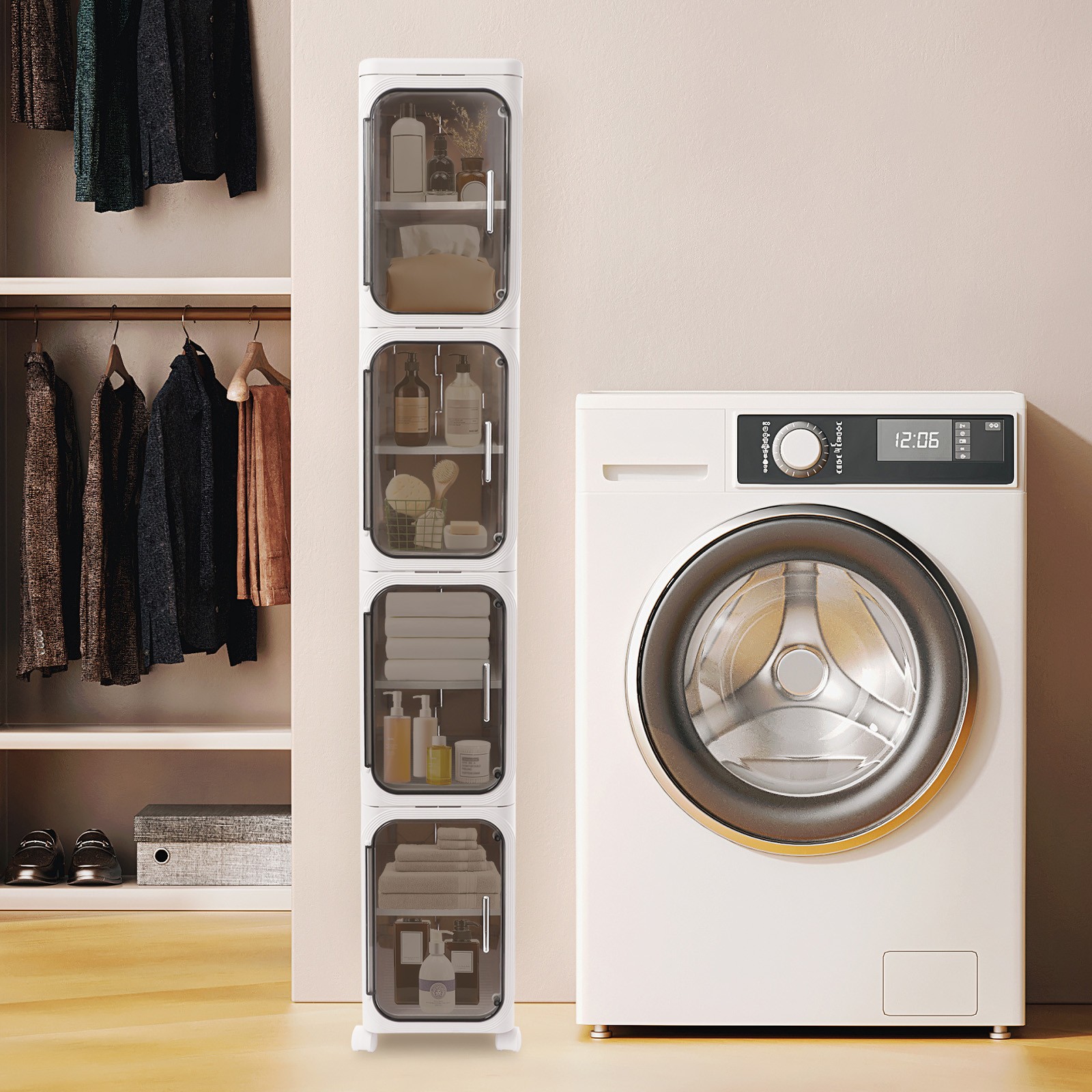 4-tier Slim Bathroom Storage Cabinet, Narrow Floor Standing Storage Cabinet