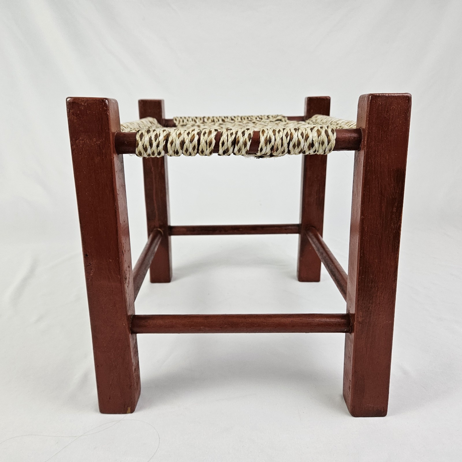 Vintage MCM Mission Footstool Stool Weaved Rope Macrame Top Arts & Crafts