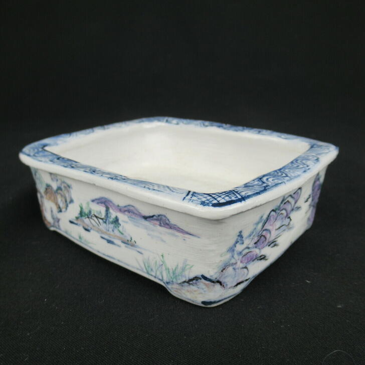 Bonsai Pot - Taniguchi Ranzan Small Rectangular Pot with Landscape and Figure