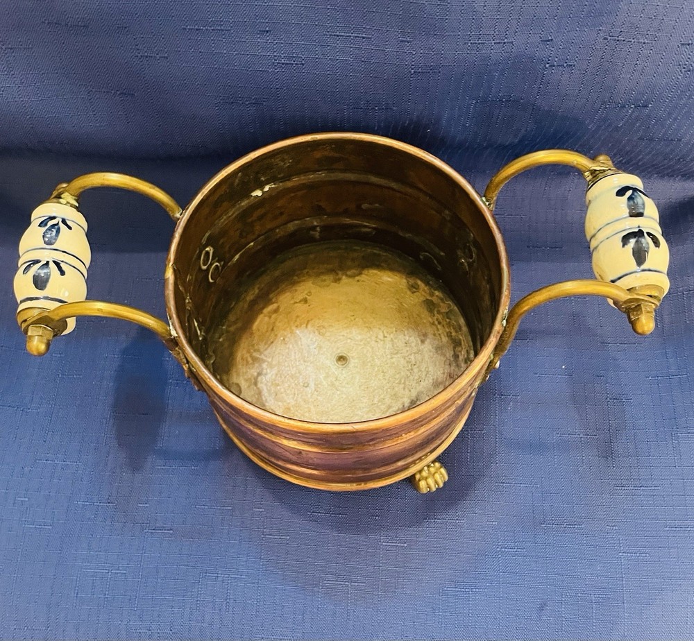 Antique Copper Planter With Ceramic Handles