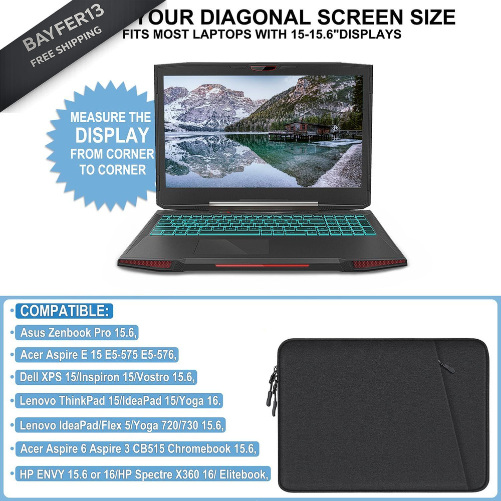 Laptop Case 15.6 inch, Shockproof Protective Computer Sleeve Black