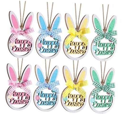 4 Pcs Bunny Tree Ornament Wooden Hanging Happy Easter Ornaments with Bunny-2