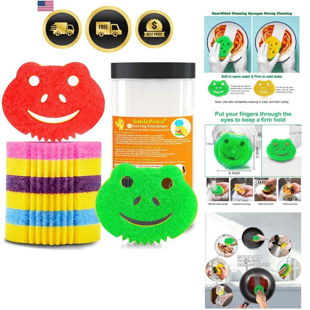 5 Pack Frog Dual-Sided Multi-Functional Scrub Sponge, Dual-Sided Temperature ...