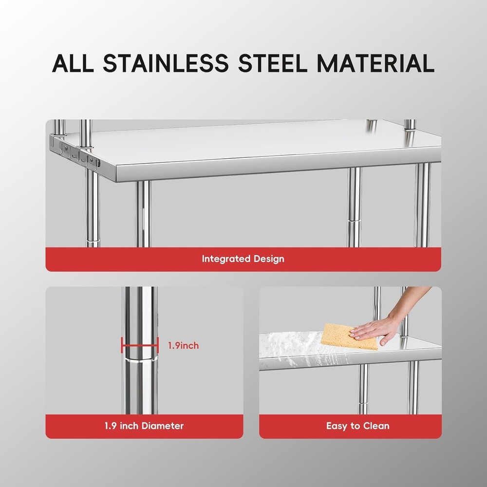 48"x24" Stainless Steel Work Table Adjustable Commercial Table for Kitchen Prep