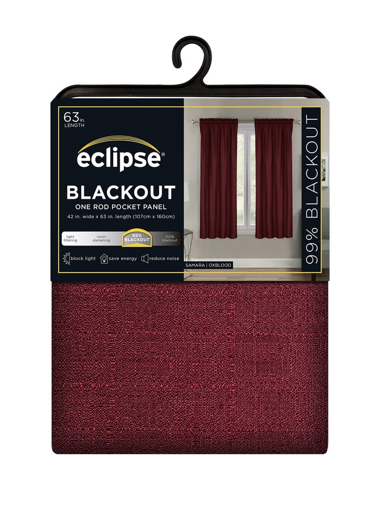 Eclipse Samara Solid Color Blackout Rod Pocket Single Curtain Panel, Oxblood