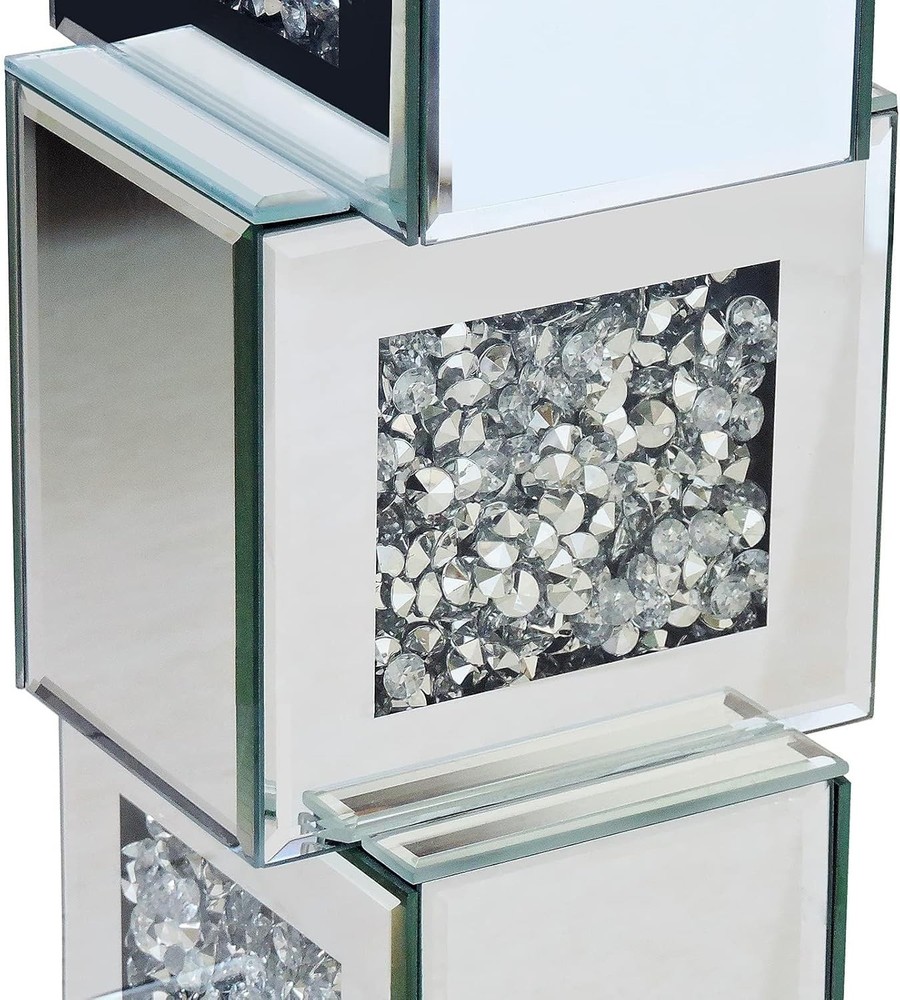 20"Silver Mirrored End Table With Crystal Inlay, Modern Side Table Accent Table