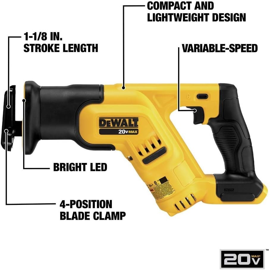 DEWALT 20V MAX Cordless Reciprocating Saw, Compact, Variable Speed, LED Light