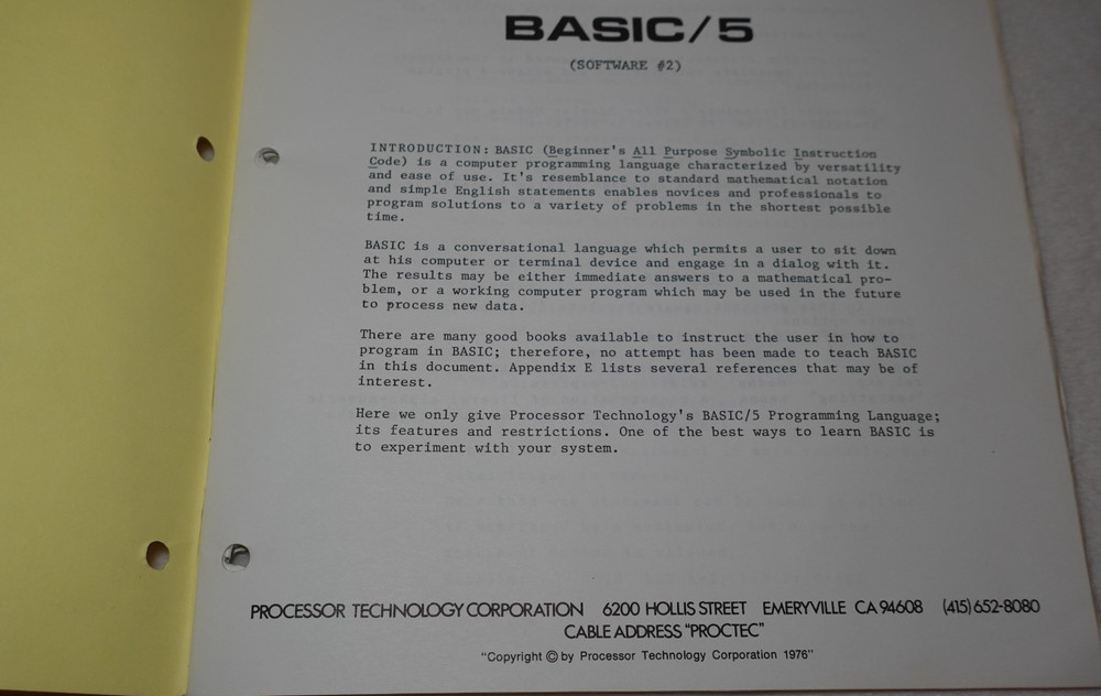 5K Basic Manual Software #2 Processor Technology 1976 Original Publication