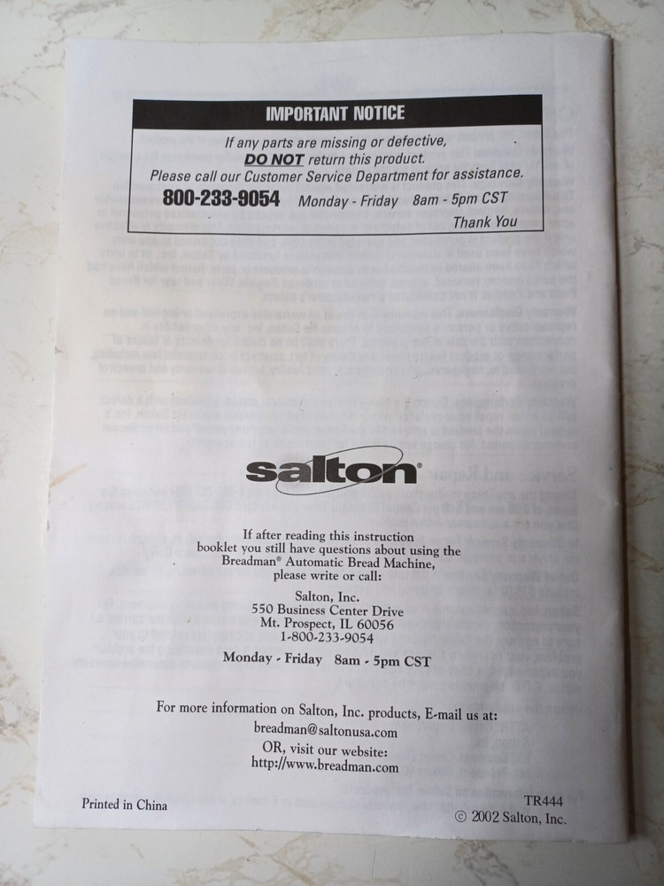 Breadman Automatic Bread Baker - Instruction Manual Only - Very Good Condition