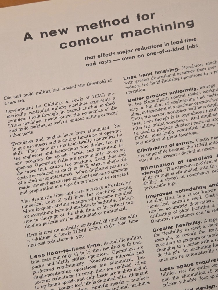 GIDDDINGS & LEWIS DiMiL Numerically Controlled Milling Machine Catalog 1959