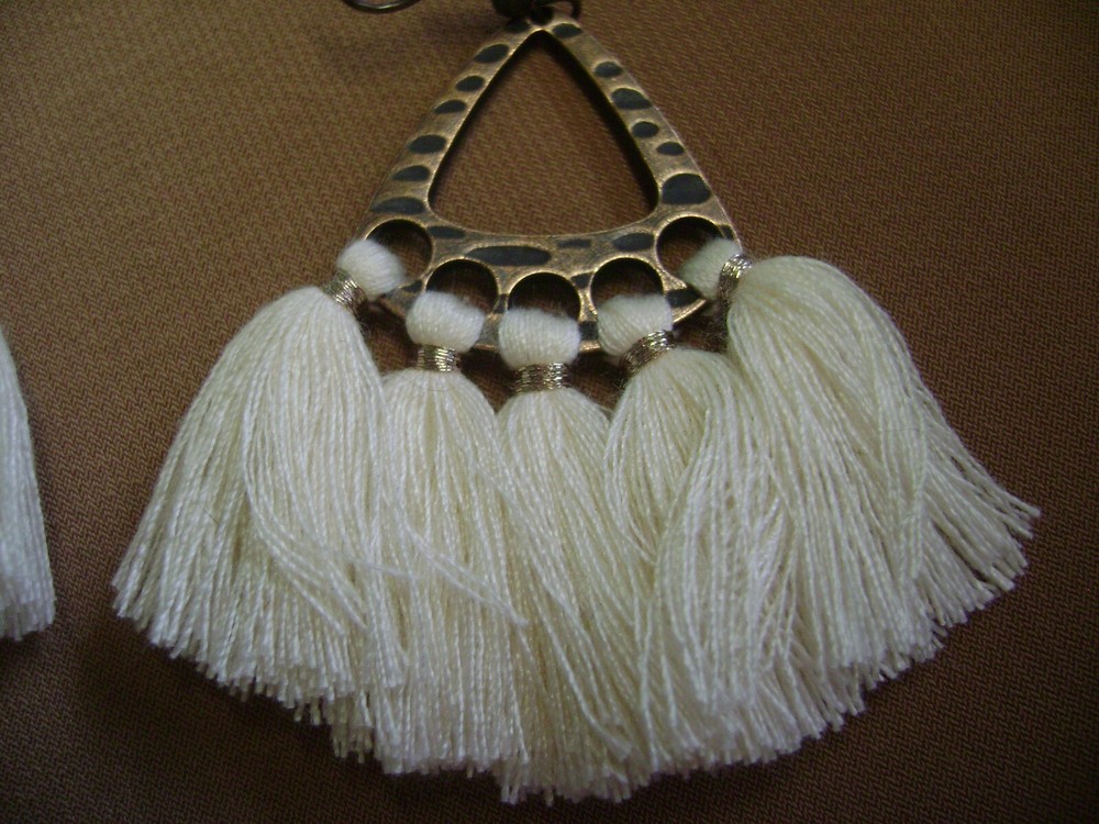 DANGLE 2.5 " WHITE COTTON BRASS TONE PIERCED EARRINGS
