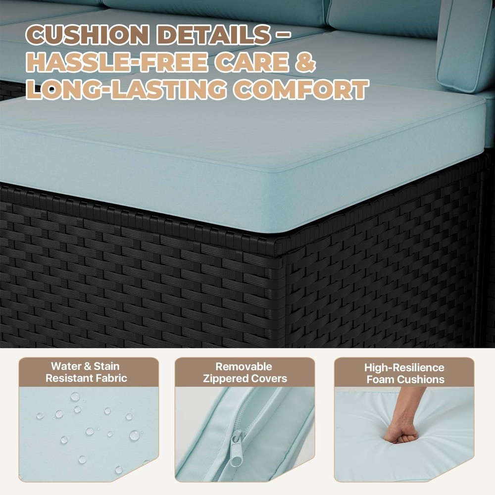 3-Piece Black Rattan Conversation Set Sofa Ottoman Table Blue