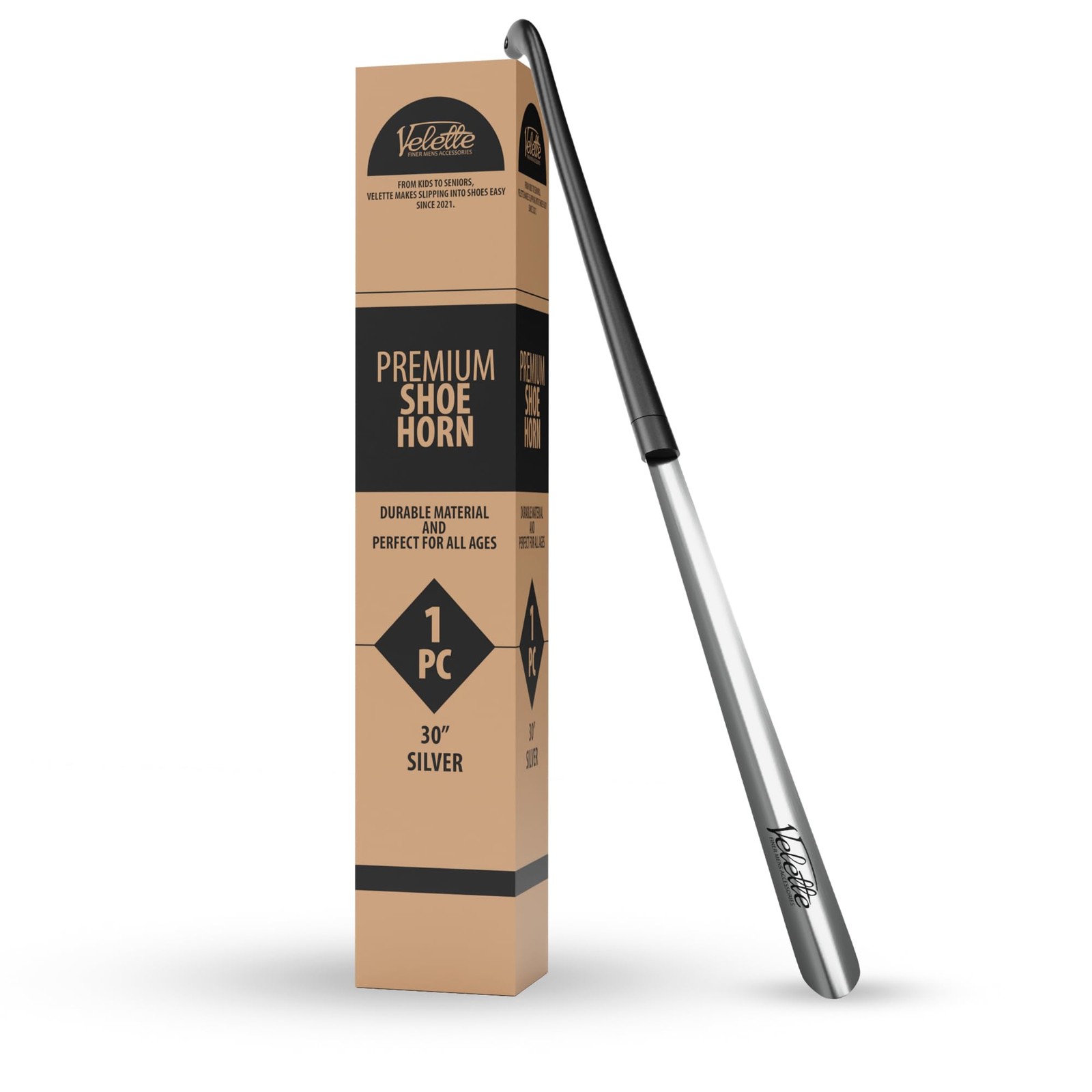 Velette Metal Shoe Horn Long Handle for Seniors - 30" Extra X-Large, Black